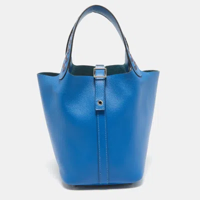 Pre-owned Hermes Bleu Zellige/bleu Encre/rouge Epsom Leather Picotin Lock Tressage 18 Bag In Blue
