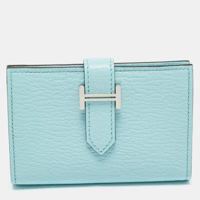 Pre-owned Hermes Hermès Bleu Zephyr Chevre Leather Bearn Card Holder