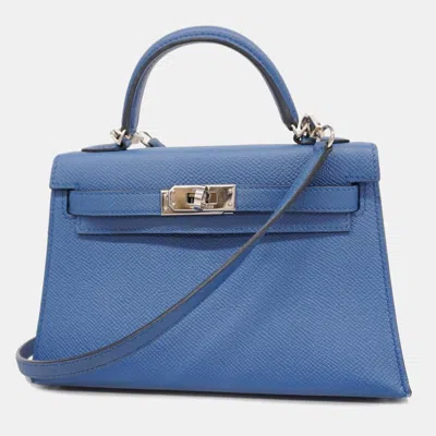 Pre-owned Hermes Blue Agate Vaux Epson Kelly Engraved Handbag