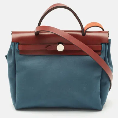 Pre-owned Hermes Blue Agate/rouge H Canvas And Leather Herbag 28 Bag