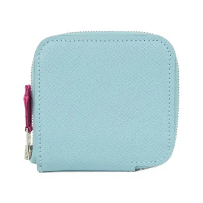 Pre-owned Hermes Blue Atoll Rose Tyrien Epsom Leather Silk Coin Purse/coin Case ()