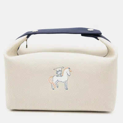 Pre-owned Hermes Blue Brown Large Toile Bride A Brac Cabriole Case