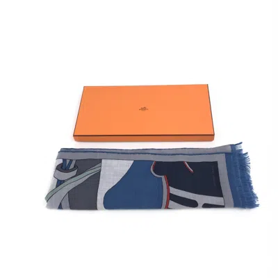 Pre-owned Hermes Hermès Blue Cashmere-silk Blend Women's Scarf () In Black