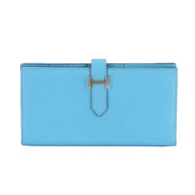 Pre-owned Hermes Blue Celeste Chevre Leather Long Wallet (bi-fold) ()