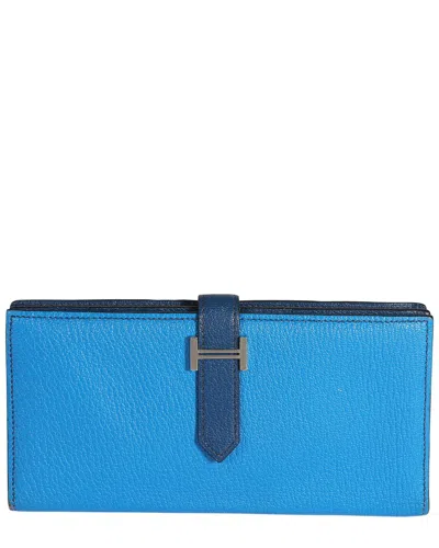 Pre-owned Hermes Hermès Blue Chevre Bearn Wallet Phw (authentic Pre-loved)