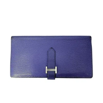 Pre-owned Hermes Blue Chevre Leather Long Wallet (bi-fold) ()
