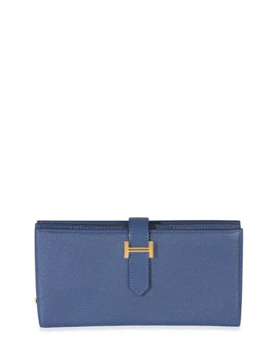 Pre-owned Hermes Hermès Blue Chevre Mysore Leather Bearn Wallet Ghw (authentic Pre-loved)