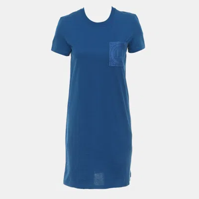 Pre-owned Hermes Blue Cotton Elastane Embroidered Pocket Short Sleeve Dress Size S