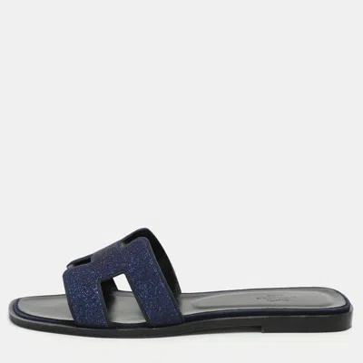 Pre-owned Hermes Blue Crystal Embellished Leather Oran Sandals Size 38