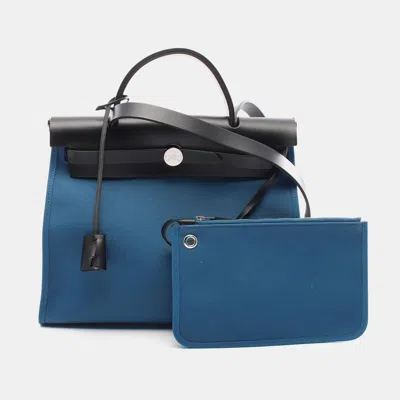 Pre-owned Hermes Herbag Zip Pm Hand Bag A Toile Officier Hunter Blue De Galice Shw