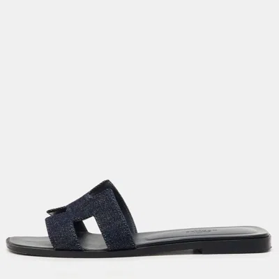 Pre-owned Hermes Blue Denim Oran Flat Slides Size 37.5
