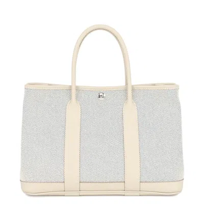 Pre-owned Hermes Blue Ecru Ivory Toile H Country Leather Tote Bag () In Blue, Ecru, Ivory