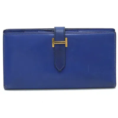 Pre-owned Hermes Blue Electric Box Calf Leather Long Wallet (bi-fold) ()