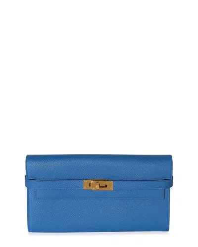 Pre-owned Hermes Hermès Blue Epsom Leather Kelly Longue Wallet Ghw (authentic Pre-loved)