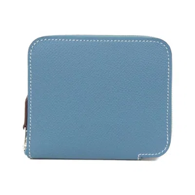Pre-owned Hermes Blue Epsom Leather Silk Coin Purse/coin Case ()
