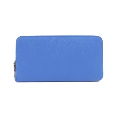 Pre-owned Hermes Blue Epsom Leather Silk Long Wallet (bi-fold) ()
