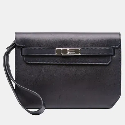 Pre-owned Hermes Blue Evergrain Kelly Depeches Pouch 25