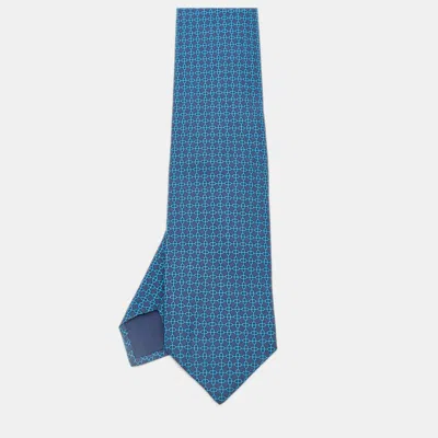 Pre-owned Hermes Hermès Blue Geometric Print Silk Tie