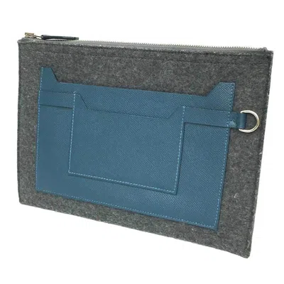 Pre-owned Hermes Blue Gray Wool Leather Clutch Bag Pouch () In Blue, Gray