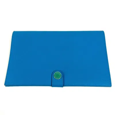 Pre-owned Hermes Blue Green Evercalf Leather Long Wallet (bi-fold) () In Blue, Green