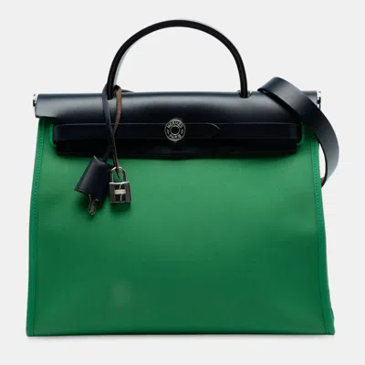 Pre-owned Hermes Blue Green Toile Herbag Zip 31