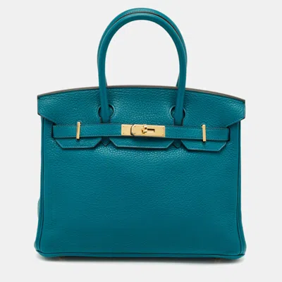 Pre-owned Hermes Blue Izmir Clemence Leather Gold Finish Birkin 30 Bag