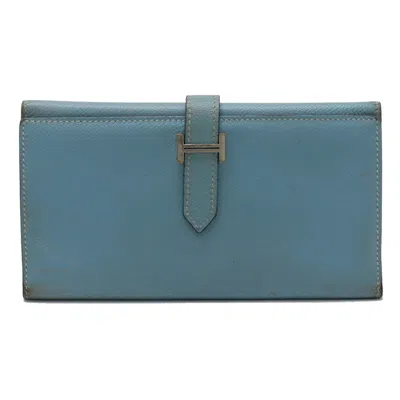 Pre-owned Hermes Blue Jean Leather Long Wallet (tri-fold) ()