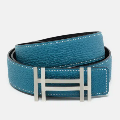 Pre-owned Hermes Hermès Blue Jean/black Clemence And Box Leather Double H Reversible Belt 95cm