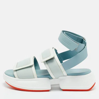 Pre-owned Hermes Blue Leather And Mesh Geek Ankle Strap Sandals Size 35.5