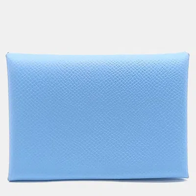 Pre-owned Hermes Blue Leather Calvi Duo Card Holder (b)