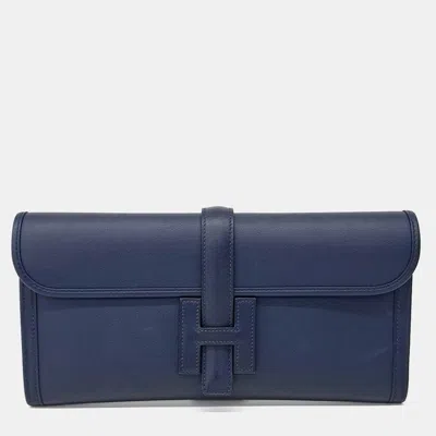 Pre-owned Hermes Blue Leather Gizeh Clutch (y)