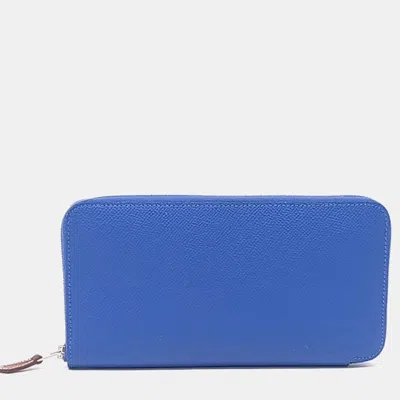 Pre-owned Hermes Blue Leather Hermès Silky Long Wallet (z)