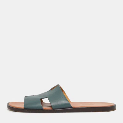 Pre-owned Hermes Blue Leather Izmir Flat Slide Sandals Size 43.5