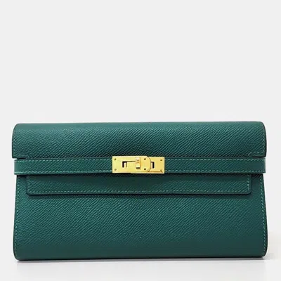 Pre-owned Hermes Blue Leather Kelly Long Wallet (a)