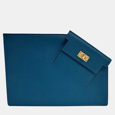 Pre-owned Hermes Blue Leather Kelly Pocket To Go Pochette