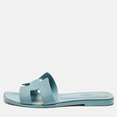 Pre-owned Hermes Blue Leather Oran Flat Slide Sandals Size 38