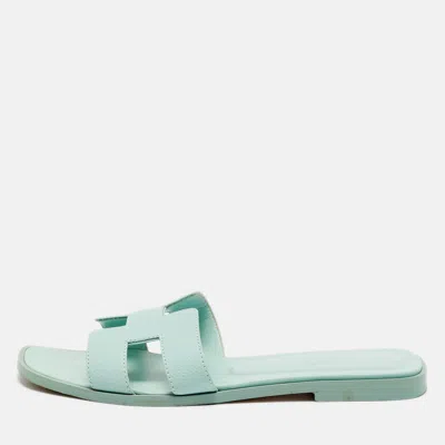 Pre-owned Hermes Hermès Blue Leather Oran Flat Slides Size 37.5