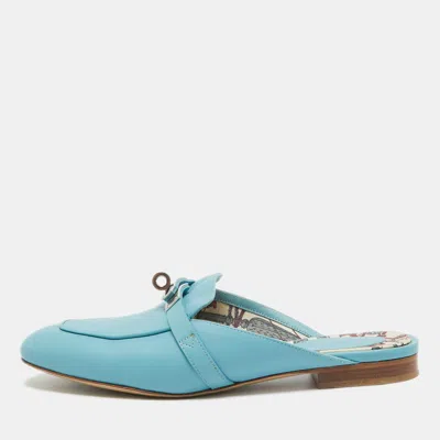 Pre-owned Hermes Blue Leather oz Mules Size 37