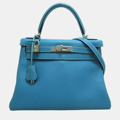 Pre-owned Hermes Blue Leather Togo Kelly 28 Bag