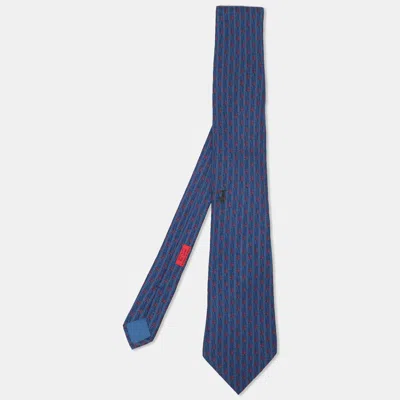 Pre-owned Hermes Blue Logo Printed Silk Tie