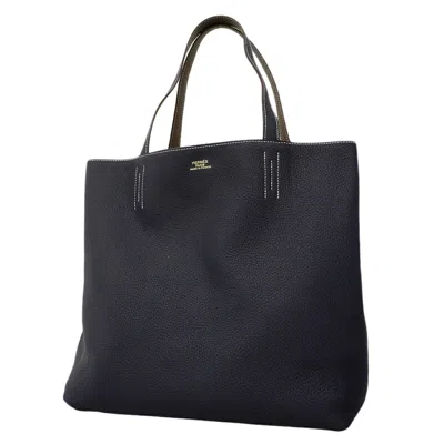 Pre-owned Hermes Blue Nuit Etoupe Gray Taurillon Clemence Leather Tote Bag () In Blue Nuit, Etoupe Gray