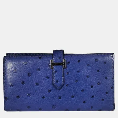 Pre-owned Hermes Blue Ostrich Bearn Wallet