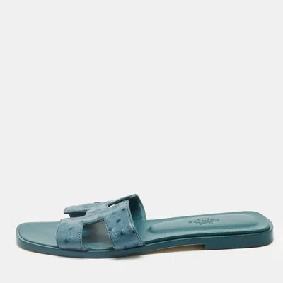 Pre-owned Hermes Blue Ostrich Leather Oran Flat Slide Size 38