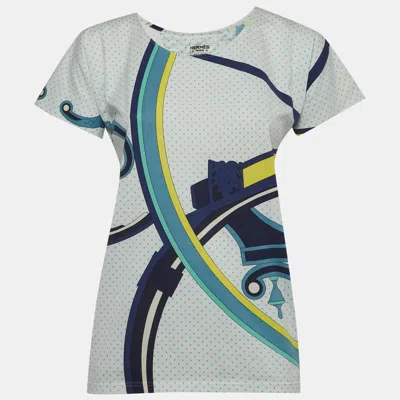 Pre-owned Hermes Blue Printed Jersey Straight Fit Top S