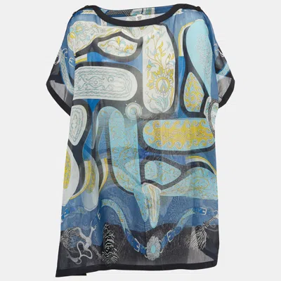 Pre-owned Hermes Blue Printed Sheer Cotton Kaftan Mini Dress One Size