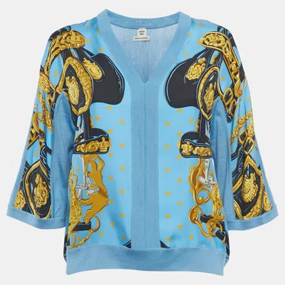 Pre-owned Hermes Blue Printed Silk And Knit V-neck Top M