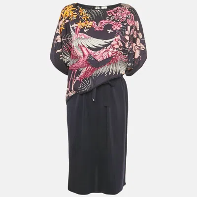 Pre-owned Hermes Hermès Blue Printed Silk & Wool Knit Short Dress M