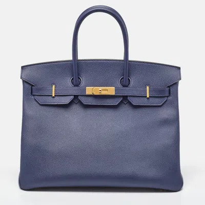 Pre-owned Hermes Blue Saphir Epsom Leather Gold Finish Birkin 35 Bag