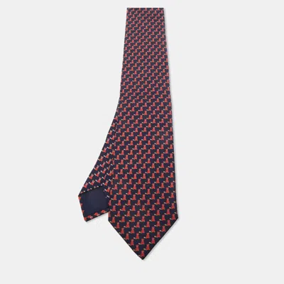 Pre-owned Hermes Hermès Blue Seal And Fox Print Silk Tie