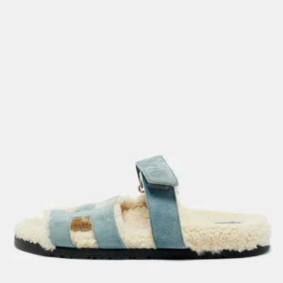Pre-owned Hermes Blue Shearling Fur And Suede Chypre Slide Sandals Size 39